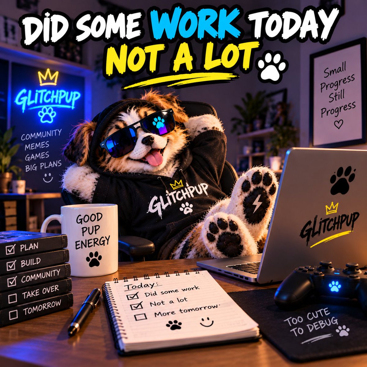 GLPUPcoin's tweet photo. 🐶⚡ GLITCHPUP SUNDAY CHECK-IN
Did some work on GLITCHPUP today…
Not a lot. 😂
Even the DEV needs a lazy Sunday sometimes. 🛋️🐶
A few things handled, a few things improved, and about 47 things moved to “I’ll deal with that tomorrow.” 😂
Back at it tomorrow. ⚡
GLITCHPUP never stops… it just occasionally takes a nap. 🐾💤
$GLPUP 🚀