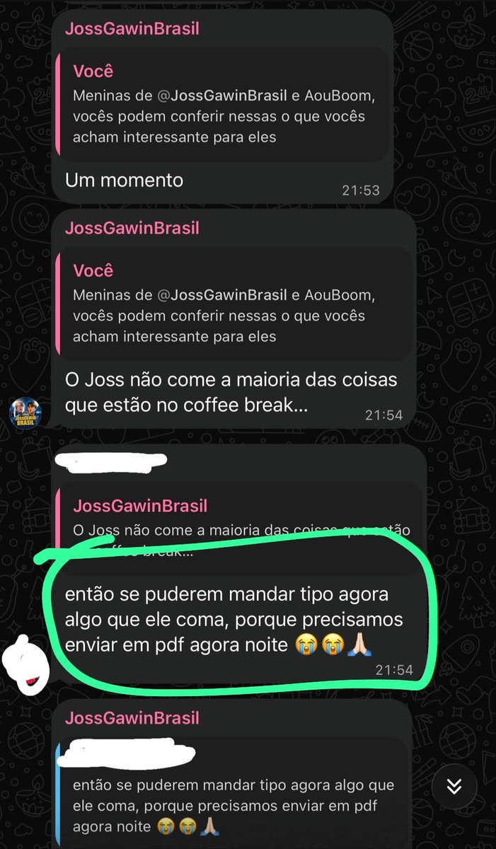 AouBoomBR's tweet photo. A realidade é que a decisão da comida pro Joss foi tomada pela própria fanbase dele e do Gawin. Esses prints são da ADM da EarthMix, que se prontificou a procurar um jeito dele poder comer também e deu sugestões, que foram negadas pela outra parte. https://t.co/NBGKGZexSu
