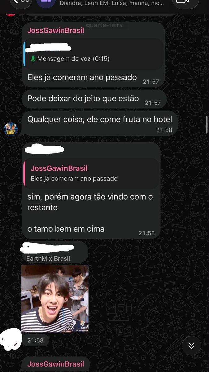 AouBoomBR's tweet photo. A realidade é que a decisão da comida pro Joss foi tomada pela própria fanbase dele e do Gawin. Esses prints são da ADM da EarthMix, que se prontificou a procurar um jeito dele poder comer também e deu sugestões, que foram negadas pela outra parte. https://t.co/NBGKGZexSu