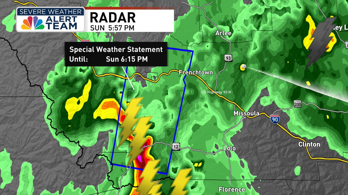 AlexLNBCMT's tweet photo. A strong thunderstorm 18 miles south of Alberton is producing nickel size hail, and will affect folks in Alberton, Frenchtown, Ninemile, Huson, Lolo Hot Springs &amp; Stark. Minor damage to outdoor objects is possible, so monitor for updates with this storm.

https://t.co/6IwzYTMxEq https://t.co/y5mHi2xaTE