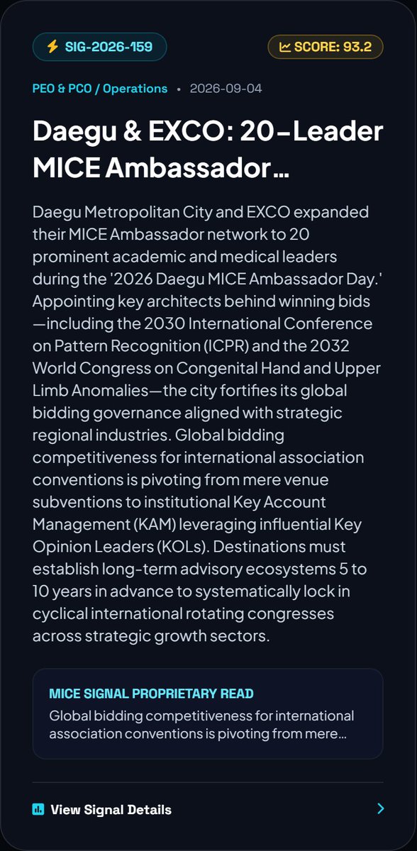 MICESIGNALS's tweet photo. ⚡ MICE SIGNAL Executive Briefing | #159 (Score: 93.2/100)

【 Daegu & EXCO: 20-Leader MICE Ambassador Expansion Accelerates KOL-Led Global Bid Governance 】

📊 WHAT CHANGED (Hard Facts)
Daegu Metropolitan City and EXCO expanded their MICE Ambassador network to 20 prominent academic and medical leaders during the '2026 Daegu MICE Ambassador Day.' Appointing key architects behind winning bids—including the 2030 International Conference on Pattern Recognition (ICPR) and the 2032 World Congress on Congenital Hand and Upper Limb Anomalies—the city fortifies its global bidding governance aligned with strategic regional industries.

💡 OUR STRATEGIC READ
Global bidding competitiveness for international association conventions is pivoting from mere venue subventions to institutional Key Account Management (KAM) leveraging influential Key Opinion Leaders (KOLs). Destinations must establish long-term advisory ecosystems 5 to 10 years in advance to systematically lock in cyclical international rotating congresses across strategic growth sectors.

🎯 C-SUITE DECISION & SECTOR ACTIONS
• Decision: Institutionalize a permanent C-Suite academic ambassador council across strategic regional industries to operationalize a dedicated One-Team Task Force for 2030+ forward bid pipelines.
• CVBs & Cities: Establishment of specialized ambassador support WBS targeting key industries (AI, robotics, and advanced biotech). 36-month advance commitment of strategic hosting grants and full underwriting of overseas bid presentation delegations.
• Venues & Centers: Implementation of multi-year slot lock-in and rental escalation caps for ambassador-won congresses. Advance allocation of hybrid congress-exhibition spaces tailored for live medical workshops and technological showcases.
• Organizers & PCOs: Standardization of end-to-end bid proposals integrating academic abstract management and high-yield B2B exhibition sponsorship models. Strategic execution of VIP inspection tours and networking protocols for international board members.

🔬 Full Intelligence Desk:
https://t.co/D2lB9udNn0

#MICE #Sustainability #AssociationMeetings