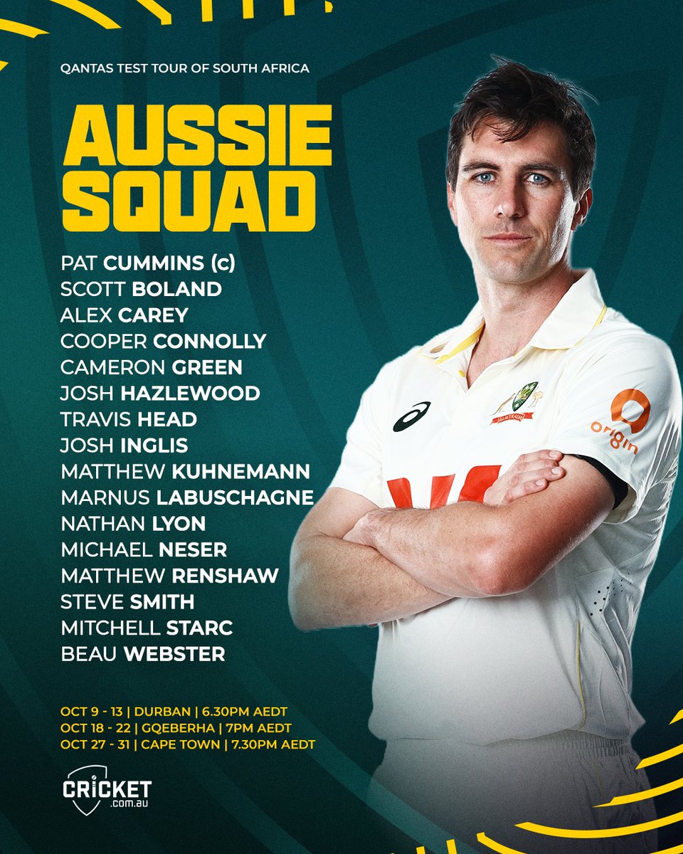 cricketcomau's tweet photo. Australia's Test squad for their first visit to South Africa since 2018 

More: https://t.co/Fk4ey7IJHV | #SAvAUS https://t.co/URseram3zI