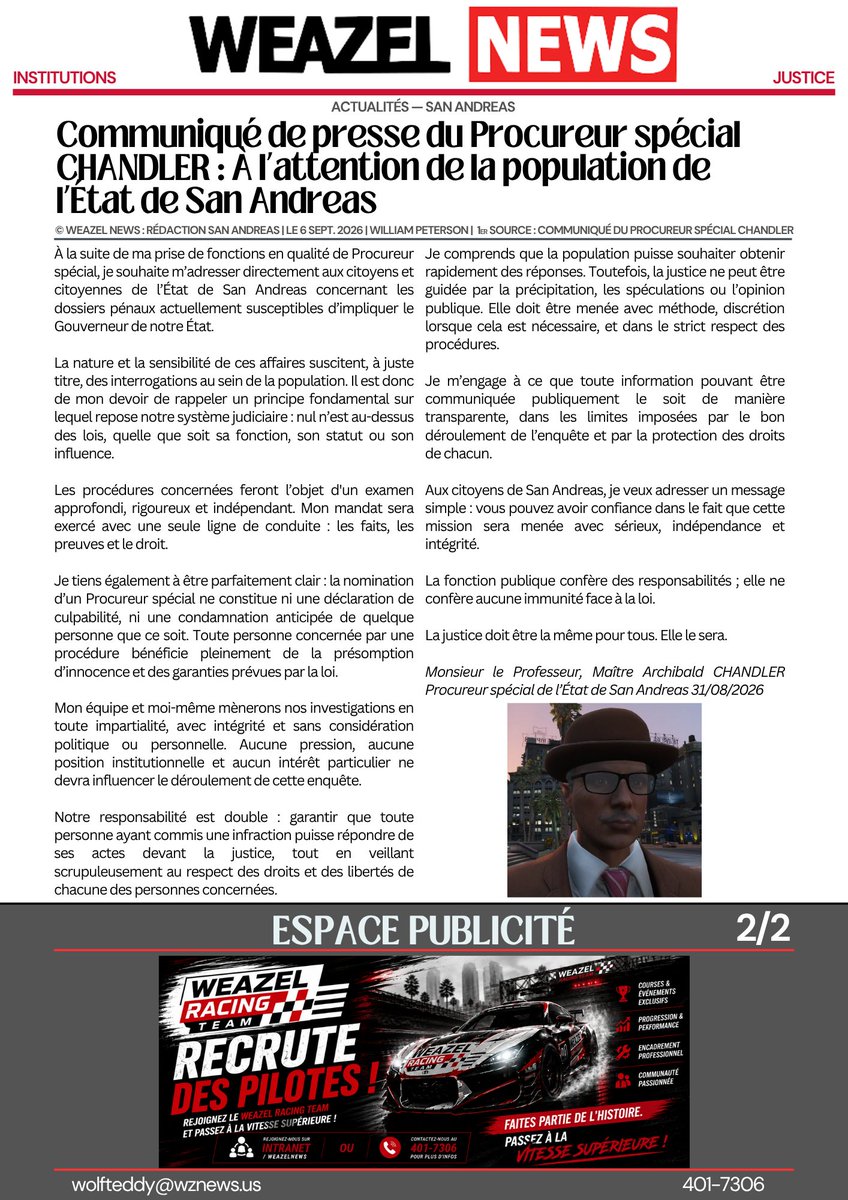 WZN_SA's tweet photo. 🚨 AFFAIRE DU GOUVERNEUR : UNE ENQUÊTE INDÉPENDANTE ANNONCÉE
⚖️ Le Procureur spécial annonce l’ouverture d’une enquête indépendante afin de faire toute la lumière sur cette affaire.
#WeazelNews #Justice #Politique #LosSantos #SanAndreas | #RolePlayFR #GTARP #SADoJ #SADoJRP https://t.co/GWI87kITgX