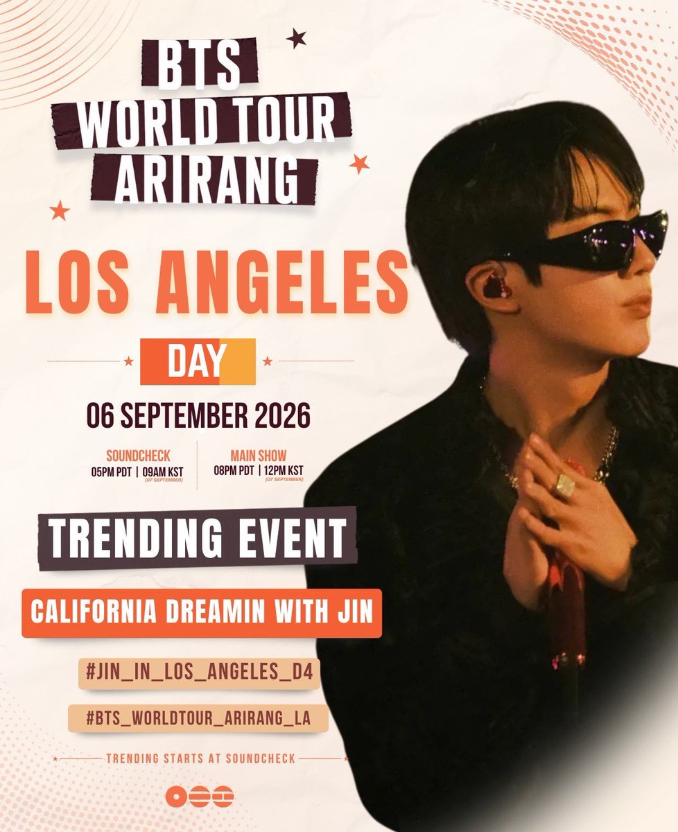 Jin_Galaxy_'s tweet photo. TRENDING EVENT! 🇺🇸🧡

CALIFORNIA DREAMIN WITH JIN
#JIN_IN_LOS_ANGELES_D4
#BTS_WORLDTOUR_ARIRANG_LA https://t.co/gPL7PBQivN