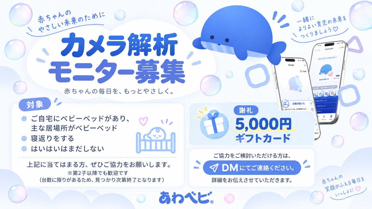 awababy_pr's tweet photo. 📢カメラ解析モニター募集🐳
カメラモニターを1日置いて撮影協力お願いします。
対象：ベビーベッドが居場所／寝返りをする／はいはい前の赤ちゃん
第2子以降も歓迎
謝礼：5,000円ギフト
台数限定・見つかり次第終了です。
協力いただける方はDM or LINE登録　https://t.co/z25hbOf4i5でメッセージを💌 https://t.co/83b5fC2pGt