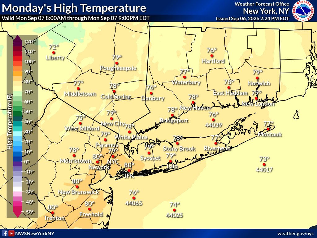 The image shows a map of the forecast high temperatures across the local region in different shades of yellow and orange, ranging mainly from the mid 70s to near 80.
