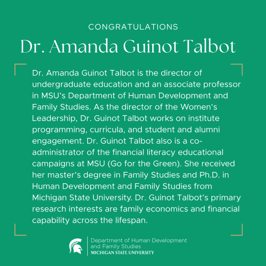MSUHDFS's tweet photo. Congratulations to Dr. Amanda Guinot Talbot on her promotion to associate professor! Get to know more about her: https://t.co/ZkRy0IQh1z #MSUHDFS #MSUSocialScience https://t.co/mFnUywEm29