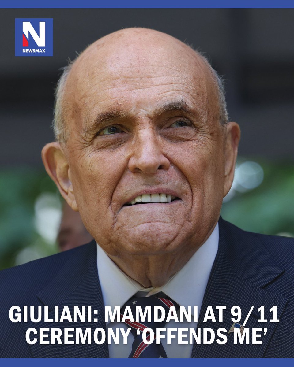 NEWSMAX's tweet photo. Former New York City Mayor Rudy Giuliani told Newsmax Sunday that Mayor Zohran Mamdani should stay away from the ceremony at Ground Zero marking the 25th anniversary of the Sept. 11 terrorist attacks, saying his presence would offend victims’ families. https://t.co/om3bdcg95s