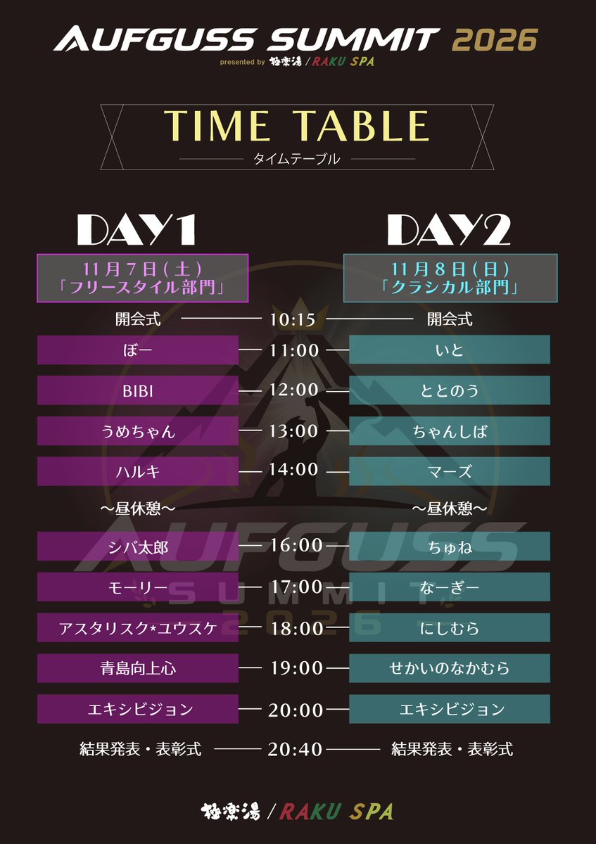gokurakuyu_spa's tweet photo. ＼「AUFGUSS SUMMIT 2026」タイムテーブル決定⏰／

🗓開催日程
11/7(土),8(日)
 
🏟会場
RAKU SPA GARDEN 名古屋
 
大会当日のタイムテーブルが決定しました!!🤩
観戦チケットは9/15(火)18時より発売予定‼️
 
チケット詳細は近日中に発表します。
 
#アウフグースサミット #極楽湯 #RAKUSPA #サウナ https://t.co/IOCKeW0YCq