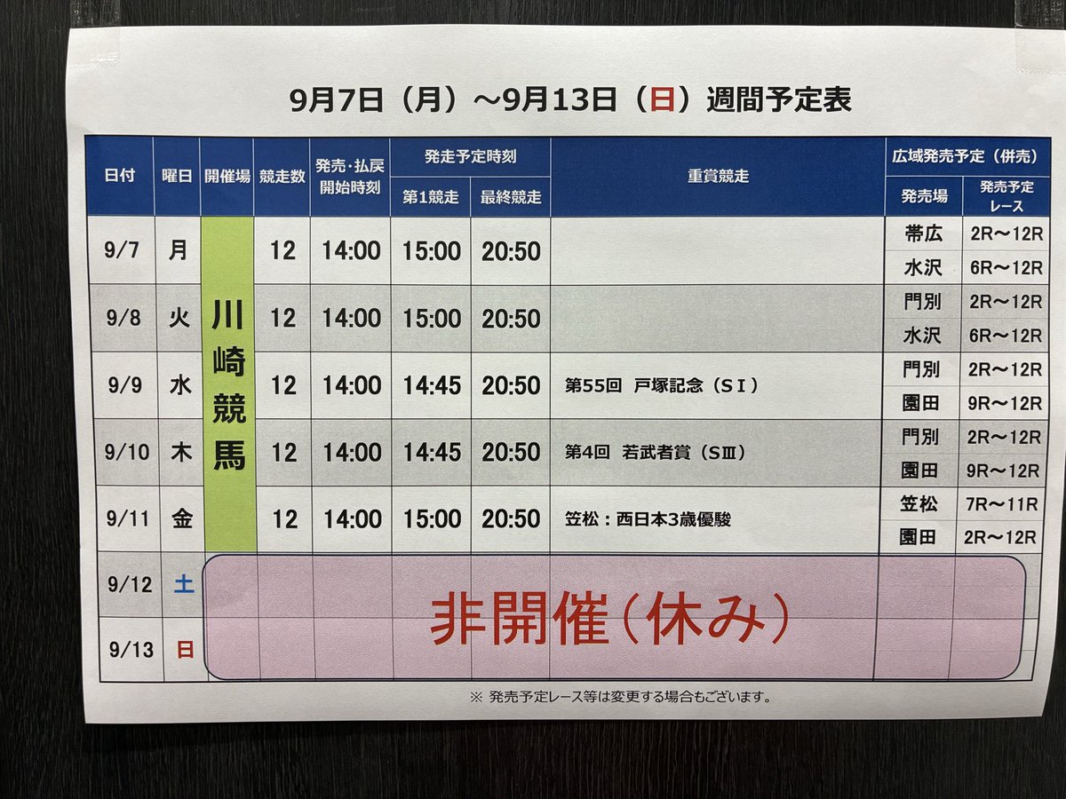 clap_kashima's tweet photo. おはようございます。
9月7日 本日の開催は

大垣競輪
弥彦競輪
いわき平ナイター競輪
西武園ナイター競輪
#競輪
#クラップかしま

川崎競馬
帯広競馬
水沢競馬
#競馬
#オフト南相馬 https://t.co/l7vyoH4Xbd