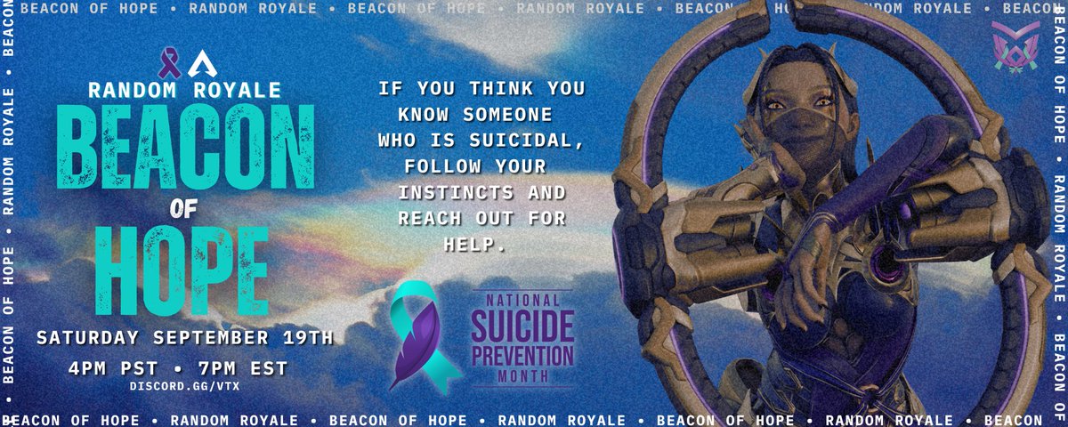VortexEsports__'s tweet photo. Vortex Esports presents BEACON OF HOPE RANDOM ROYALE supporting the American Foundation for Suicide Prevention🫰

🩶 September 19
🩶 4pm PST | 7pm EST
🩶 Sign ups -> https://t.co/Pl5h1cIad8
🩶 Event details posted in ✨｜tourney-info (in discord)  for anyone interested!

Let's fill the lobby and meet some new friends!