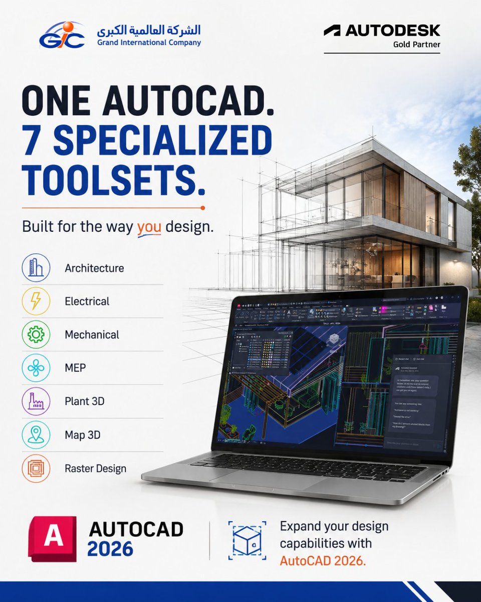 gic_middleast's tweet photo. One AutoCAD. Seven specialized toolsets. One powerful design experience. 📷
From Architecture and Mechanical to Electrical, MEP, Plant 3D, Map 3D, and Raster Design, AutoCAD 2026 gives you specialized capabilities tailored to the way you design.
#GICMiddleEast #Autodesk #AutoCAD https://t.co/VRzt3u8J4g