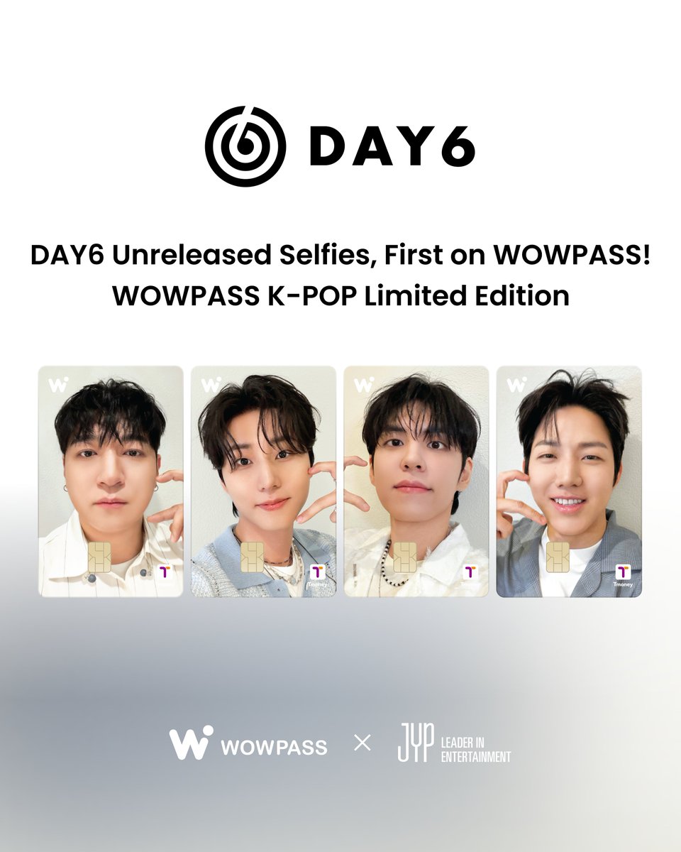 wowpass_global's tweet photo. 🎸 NEW DAY, NEW CARD, My Day! 🎸
The new DAY6 WOWPASS K-POP Edition card designs are finally here! 
This time, featuring WOWPASS-exclusive, never-before-seen selfies of the DAY6 members! A must-have card for every My Day! 💳✨

PLUS! Get a FREE unreleased selfie photocard with every WOWPASS card purchased! 📸✨
(Randomly selected from 4 designs!)

📅 Pre-orders start September 28 (Mon) 11:00 AM (KST)!
⏰ Full purchase details will be announced on our social media at 11:00 AM (KST) that day. Stay tuned!
🌍 Ships to multiple countries, so order and get yours before your trip to Korea!

Your bias’ selfies, now on a card! 💳

🔓 Unlock Your Korea with WOWPASS!
🇰🇷 Korea’s No. 1 Travel Card!
✅ Pay anywhere in Korea
✅ Use as Tmoney (Even Koreans can use this as transit card!)
✅ Easy top-up with your own currency
✅ Get exclusive rewards and more!

My Day, don’t miss your @day6official bias card!

(See each member’s card design below ⬇️)

#DAY6 #WOWPASS #MyDay #WOWPASSxJYP #WOWPASSKPOP 

----------

🎸 NEW DAY, NEW CARD, My Day! 🎸
드디어 공개! DAY6 WOWPASS K-POP 에디션 카드의 새로운 디자인!
이번에는 DAY6 멤버들의 WOWPASS 단독 미공개 셀카 디자인으로 찾아왔습니다! 보는 순간 소장하고 싶은 My Day 필수 카드 💳✨

PLUS! WOWPASS 카드 구매시, 1장당 미공개 셀카 포토카드 1장 랜덤 증정 📸 (총 4종 포토카드 중 1종 랜덤 증정!)

📅 9월 28일부터 사전 예약 판매 시작!
⏰ 구매 정보는 9월 28일(월) 오전 11시 (KST)SNS에서 오픈!
🌍 다양한 국가 배송 가능! 한국 여행 전에 미리 받아보세요.

최애 셀카, 이제는 카드로! 💳

🔓 Unlock Your Korea with WOWPASS!
🇰🇷 한국 No.1 트래블 카드!
✅ 어디서든 간편 결제
✅ 티머니 기능 OK (한국인도 교통카드로 이용 가능!)
✅ 자국 통화로 손쉬운 충전
✅ 전용 리워드까지 가득! 

My Day! @day6official 최애 카드, 놓치지 마세요! 

(멤버별 카드 디자인은 아래에서 확인하세요 ⬇️)

#DAY6 #WOWPASS #MyDay #WOWPASSxJYP #WOWPASSKPOP