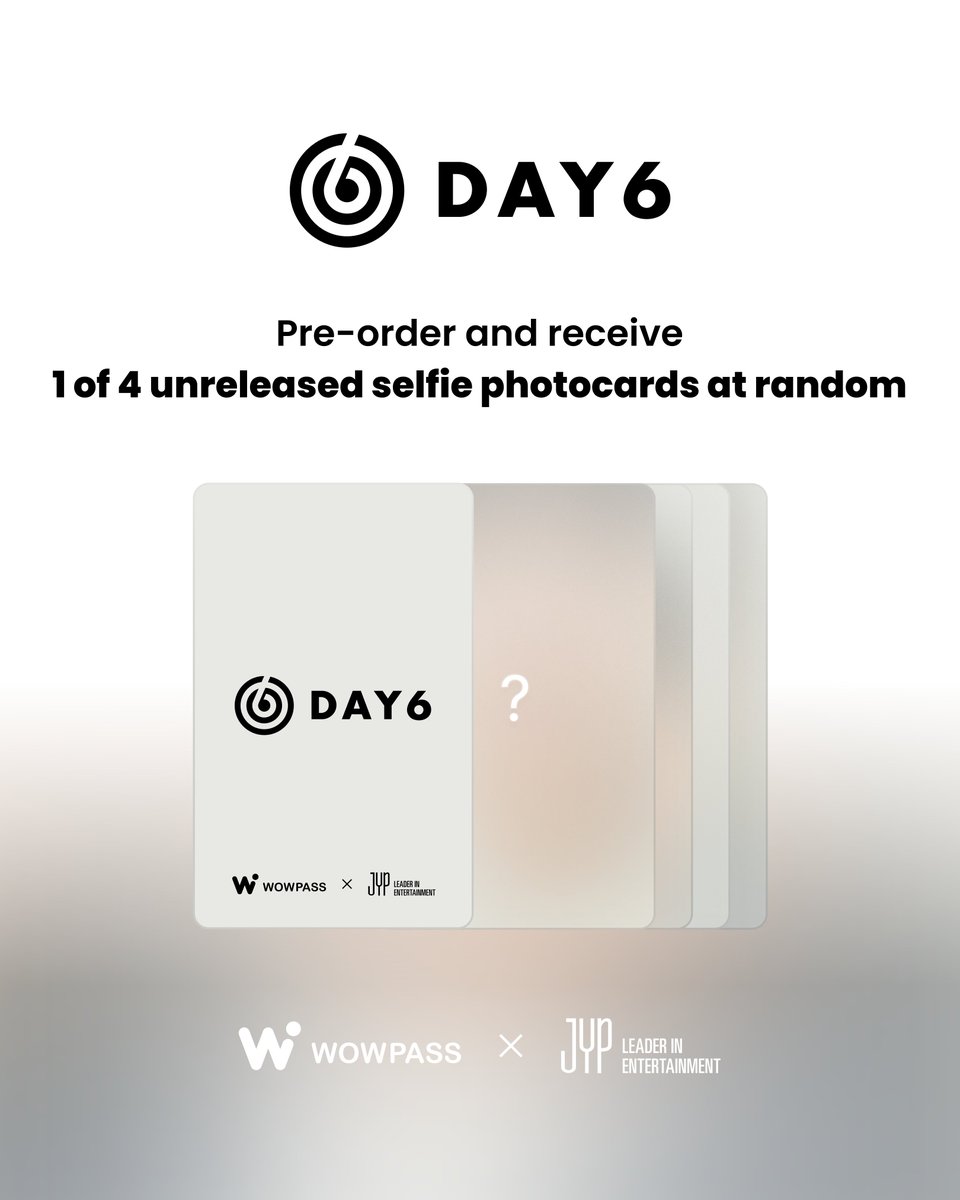 wowpass_global's tweet photo. 🎸 NEW DAY, NEW CARD, My Day! 🎸
The new DAY6 WOWPASS K-POP Edition card designs are finally here! 
This time, featuring WOWPASS-exclusive, never-before-seen selfies of the DAY6 members! A must-have card for every My Day! 💳✨

PLUS! Get a FREE unreleased selfie photocard with every WOWPASS card purchased! 📸✨
(Randomly selected from 4 designs!)

📅 Pre-orders start September 28 (Mon) 11:00 AM (KST)!
⏰ Full purchase details will be announced on our social media at 11:00 AM (KST) that day. Stay tuned!
🌍 Ships to multiple countries, so order and get yours before your trip to Korea!

Your bias’ selfies, now on a card! 💳

🔓 Unlock Your Korea with WOWPASS!
🇰🇷 Korea’s No. 1 Travel Card!
✅ Pay anywhere in Korea
✅ Use as Tmoney (Even Koreans can use this as transit card!)
✅ Easy top-up with your own currency
✅ Get exclusive rewards and more!

My Day, don’t miss your @day6official bias card!

(See each member’s card design below ⬇️)

#DAY6 #WOWPASS #MyDay #WOWPASSxJYP #WOWPASSKPOP 

----------

🎸 NEW DAY, NEW CARD, My Day! 🎸
드디어 공개! DAY6 WOWPASS K-POP 에디션 카드의 새로운 디자인!
이번에는 DAY6 멤버들의 WOWPASS 단독 미공개 셀카 디자인으로 찾아왔습니다! 보는 순간 소장하고 싶은 My Day 필수 카드 💳✨

PLUS! WOWPASS 카드 구매시, 1장당 미공개 셀카 포토카드 1장 랜덤 증정 📸 (총 4종 포토카드 중 1종 랜덤 증정!)

📅 9월 28일부터 사전 예약 판매 시작!
⏰ 구매 정보는 9월 28일(월) 오전 11시 (KST)SNS에서 오픈!
🌍 다양한 국가 배송 가능! 한국 여행 전에 미리 받아보세요.

최애 셀카, 이제는 카드로! 💳

🔓 Unlock Your Korea with WOWPASS!
🇰🇷 한국 No.1 트래블 카드!
✅ 어디서든 간편 결제
✅ 티머니 기능 OK (한국인도 교통카드로 이용 가능!)
✅ 자국 통화로 손쉬운 충전
✅ 전용 리워드까지 가득! 

My Day! @day6official 최애 카드, 놓치지 마세요! 

(멤버별 카드 디자인은 아래에서 확인하세요 ⬇️)

#DAY6 #WOWPASS #MyDay #WOWPASSxJYP #WOWPASSKPOP