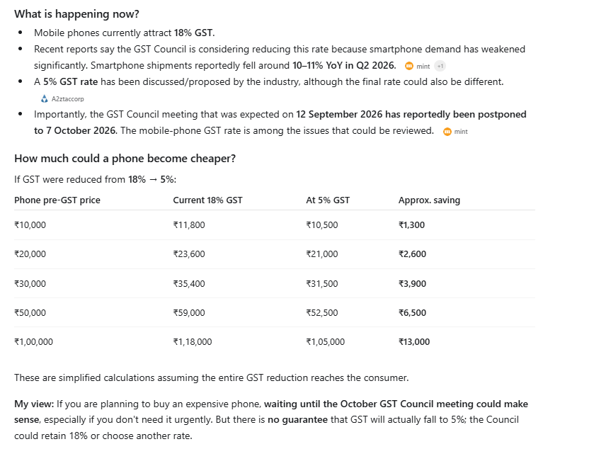 RaanaVikas83663's tweet photo. Good News, Will be on Oct by GST Department. On Mobile current GST is 18% but may be it reduced to 5%. But this is not final, it can happened as per sources. Those who are planning to buy new smart phones have patience and wait. https://t.co/v3MV9WfPQ9