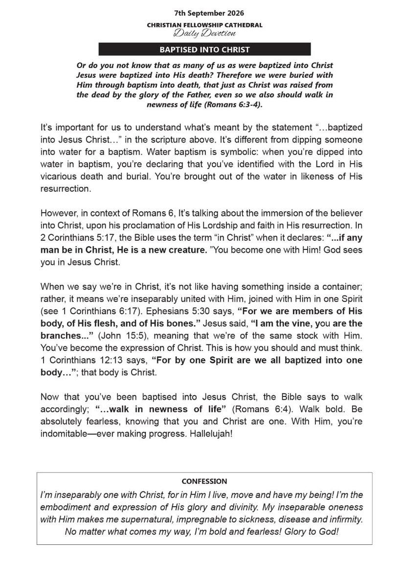 CFCFORTPORTAL's tweet photo. Christian Fellowship Cathedral (CFC)
Fort Portal
Daily Devotion (7th September 2026)
Baptized Into Christ
#CFCDailyDevotion
#TheGospelOfTheKingdom
#2026_JesusOurWisdom https://t.co/GNiZYR5GDj