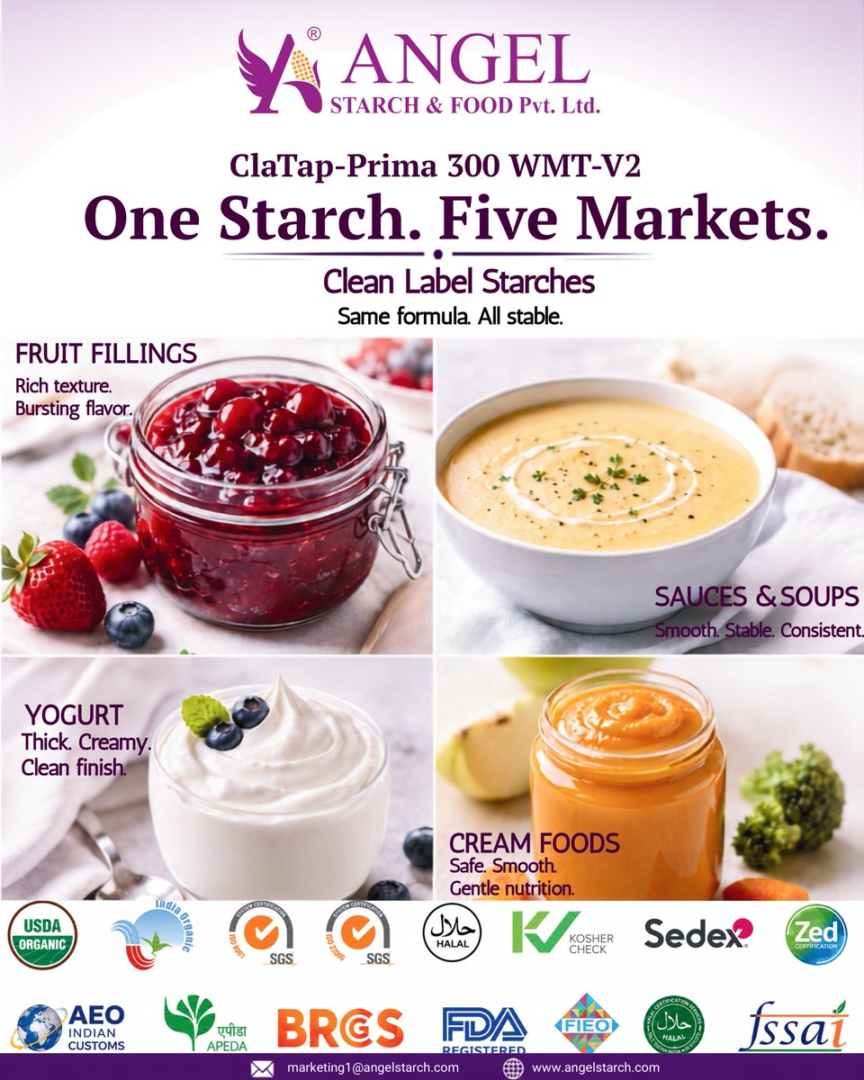angel_starch's tweet photo. Struggling with texture consistency across food applications?

Talk to our team for formulation support.

📧 marketing1@angelstarch.com 🌐 https://t.co/HD0Rv4jTcY

#CleanLabelStarch  #FunctionalStarch  #FoodManufacturing  #FoodProcessing  #AngelStarch https://t.co/OELcEbH2nV