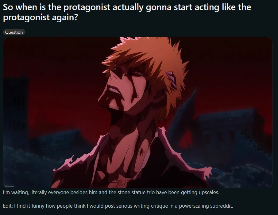 ripalek's tweet photo. people really hate that ichigo isn't sung jin woo or some invincible aura farmer lmfao reading comprehension is dead https://t.co/H23IOqX26B