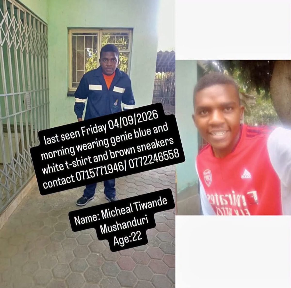 CrimeWatchZW's tweet photo. PLEASE SHARE🙏🏾 | Hello. We are looking for this young man, Micheal Tiwande, who was last seen on Friday. He was from Masasa Park going to Catholic University. Akangobuda pamba achienda kuUniversity and that was that. 

If you have any information, please contact the numbers on the picture.

@PoliceZimbabwe