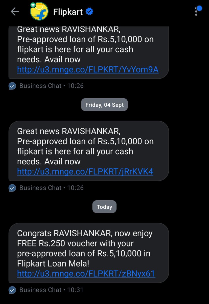 raviedu's tweet photo. @Flipkart i don't need loan, could you please stop this non sense messages. How many times do i need to report? https://t.co/GYlh4YbiVO