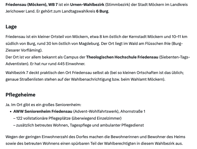 TimRealityDE's tweet photo. Der Pflegeheim-Betrug wird in Möckern klar wie nie!

Friedensau, WB 7, nur 8,3% für die AFD.

445 Wahlberechtigte. Das Pflegeheim vor Ort hat 122 vollstationäre Pflegeplätze und 15++ Plätze betreutes Wohnen.

Ein Dorf weiter, in Stresow, WB 20: 84,5 % für die AFD. Landesrekord! https://t.co/nFApJAiGCf