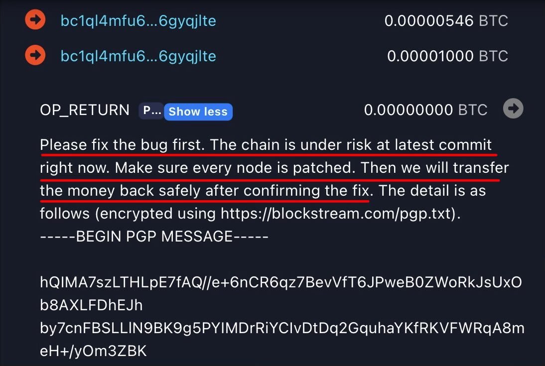 chrisdior777's tweet photo. 🤯🚨 $320M IN BITCOIN HACKED

~4,000 BTC was drained from @Liquid_BTC , a Bitcoin sidechain, through its peg-out system.

The hackers then sent an on-chain message: "patch every node first, then we’ll return the BTC once the fix is confirmed"

THANK GOD ITS WHITE HATS 🙏 https://t.co/6Qoa185VKL