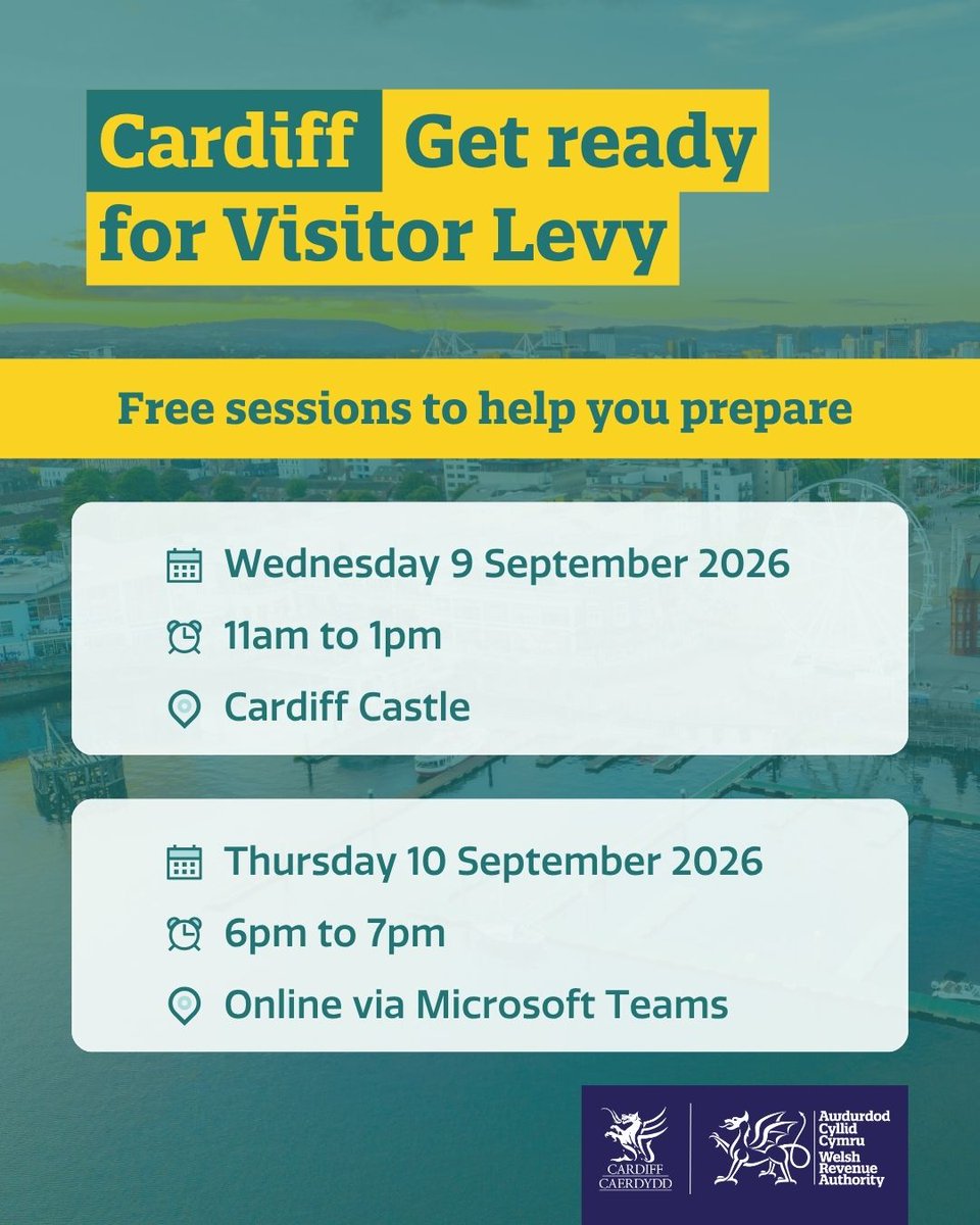 cardiffcouncil's tweet photo. Do you provide visitor accommodation in Cardiff? Visitor Levy is coming, and you need to be ready by 28 September 2026.
Join a free session to find out what it means for you, how to prepare, and get your questions answered.

👉 More info https://t.co/ziCNghiDCJ https://t.co/9JLKvgVWOi