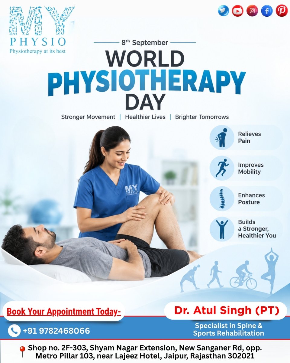 MyPhysioIndia's tweet photo. 🌍 Happy World Physiotherapy Day – 8th September! 💙Movement is the foundation of a healthier life. 
#Physiotherapy #Physiotherapist #PhysicalTherapy #SpineRehabilitation #SportsRehabilitation #PainRelief #Mobility #HealthyLiving #StrongerMovement #Jaipur #Rajasthan #WorldPTDay https://t.co/wShKfwRAzF