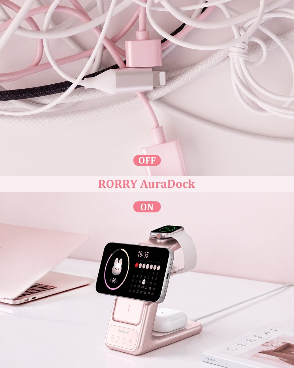 RORRY_JP's tweet photo. 暑すぎて外に出たくない…🥵
でも、充電ケーブルが多すぎてデスクがぐちゃぐちゃ

⬇️

RORRY AuraDockにしたら、
4台同時充電でケーブルいらず。
デスクも気分もスッキリ✨

夏の在宅時間、もっと快適に過ごそ〜☁️🤍

#RORRYAuraDock #オールインミニ #デスク周り #magsafe #rorryモバイルバッテリー https://t.co/O8Bv7NgsX9