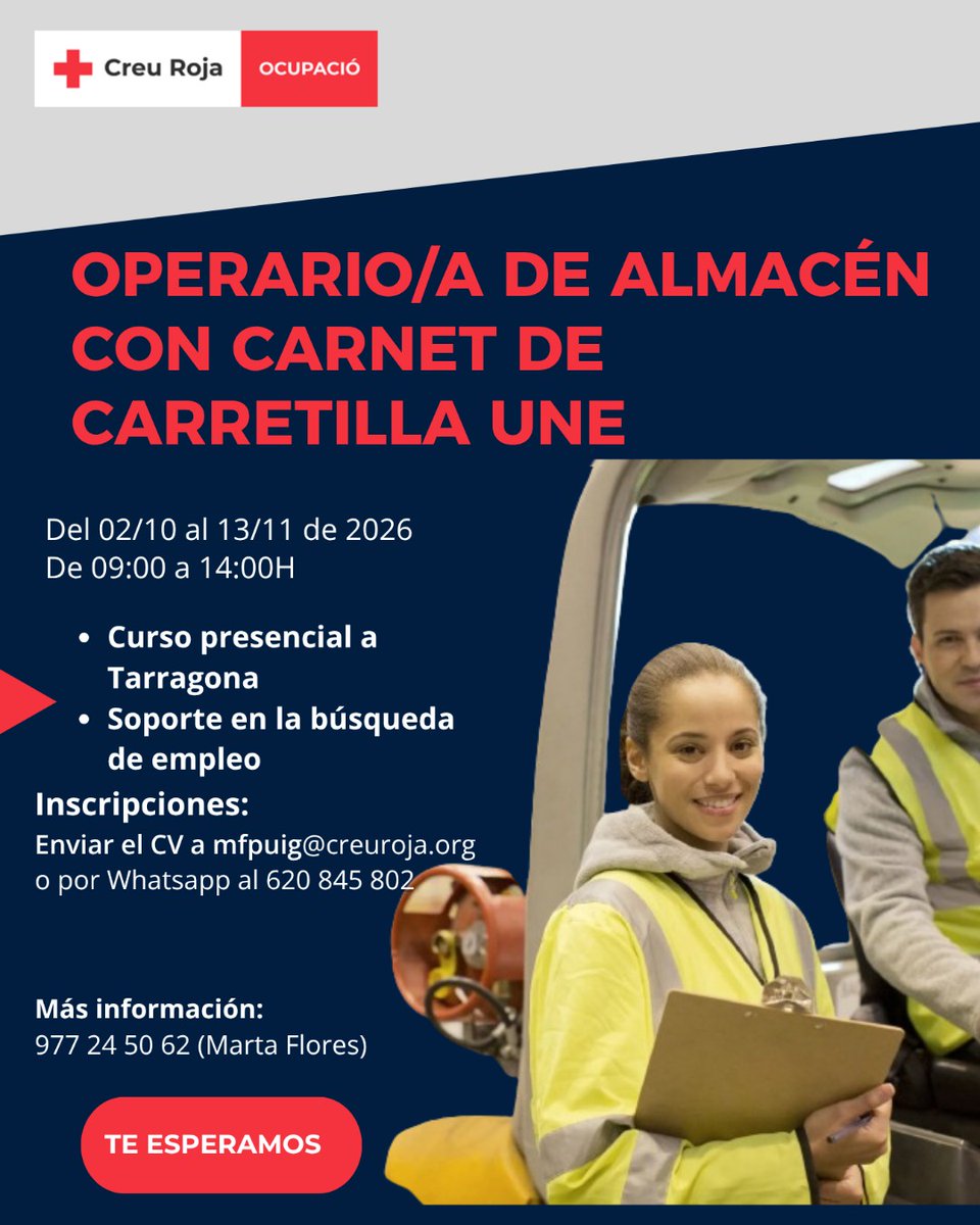 CreuRojaTGN's tweet photo. 📦🚀 Nova formació capacitadora!
Vols millorar les teves oportunitats laborals? 👉 OPERARI/ÀRIA DE MAGATZEM + CARNET DE CARRETILLA UNE 🏗️
📩 Envia el CV a:
mfpuig@creuroja.org
o 620845802 (WhatsApp)
+Info: 977245062 - Marta Flores
🤝Cofinançat #FSEplus @Dipta_cat https://t.co/pSo2ZPYlA9