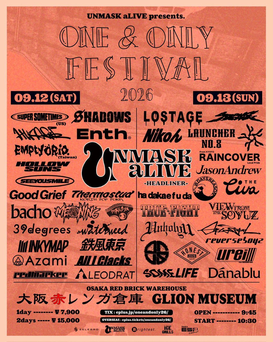 Shsjssrc's tweet photo. 🪐ONE &amp; ONLY FESTIVAL 2026 🎸

📅2026.9.12(土),13(日)
📍大阪GLION MUSEUM 大阪赤レンガ倉庫
⏰OPEN 9:45 / START 10:30

#ワンオーフェス https://t.co/JHim1Pxage