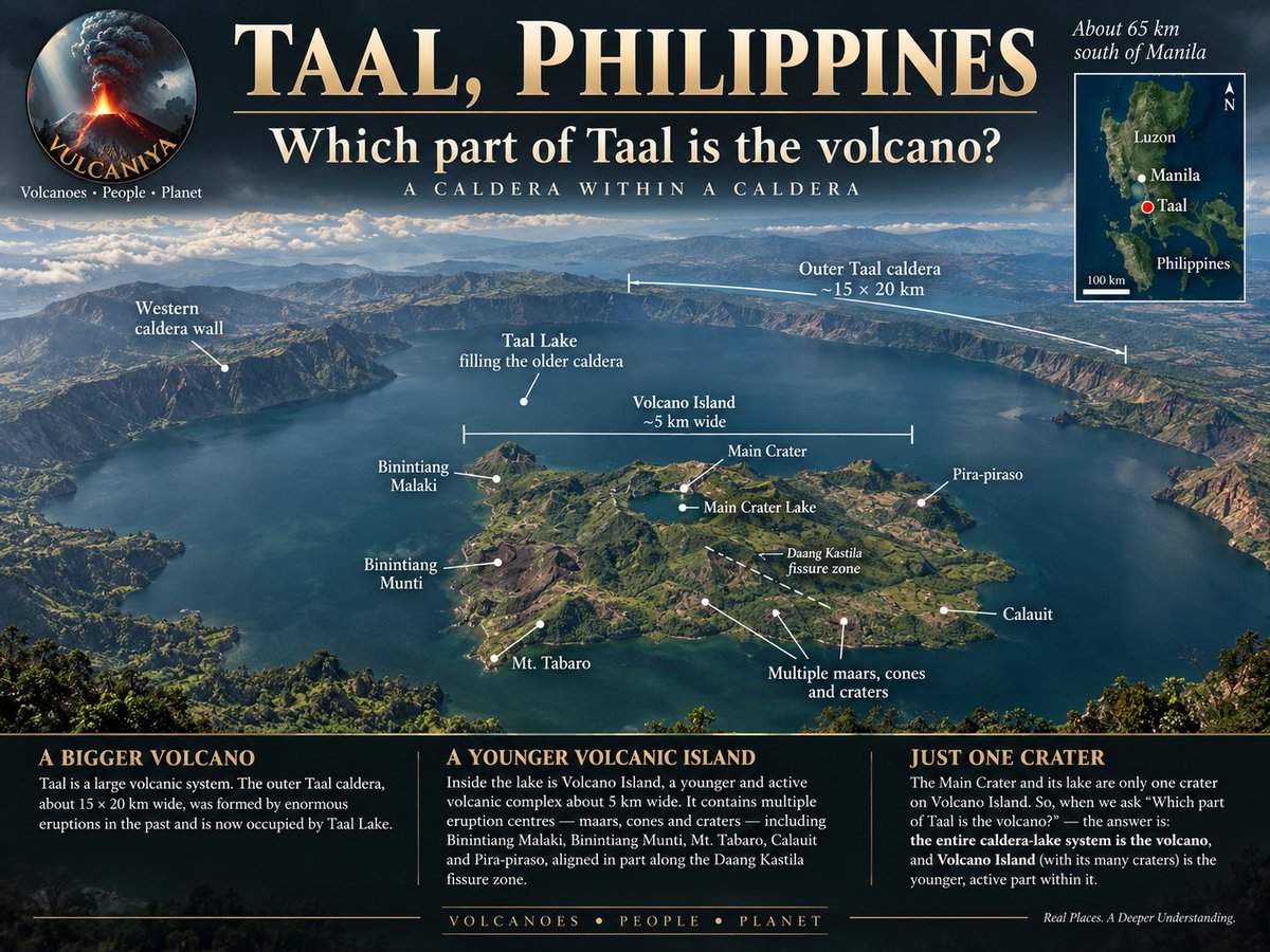 vulcaniya's tweet photo. Taal, Batangas, Philippines

From the ridge at Tagaytay the answer looks obvious. A small island rises out of a wide lake, and everyone points at it and calls it Taal Volcano. The island is the youngest and smallest part of the system. The lake it stands in is the volcano too, and so is the ground under the town doing the pointing.

The depression holding the water is the Talisay caldera, roughly 15 by 20 kilometres, cut by prehistoric eruptions on a scale nothing in the written record approaches. Taal Lake covers about 267 square kilometres of it, the surface sitting only a few metres above the sea, and the deepest water reaching well over a hundred metres. Vents lie beneath the lake as well as on the island. What looks from the rim like a lake around a volcano is a lake filling one.

People live inside that structure, and the volcano rearranged where. In 1754 Taal produced the largest eruption in its historical record and put enough debris into the Pansipit River to close the lake's outlet to Balayan Bay. The water rose and drowned the shoreline. Taal, Bauan, Lipa, Sala and Tanauan were abandoned where they stood and rebuilt further back, which is why the old town of Taal is no longer on the lake it is named after, and remains of the earlier settlements are still reported underwater. Rain then diluted what had been an arm of the sea, and the marine animals shut inside either adapted or died out. The tawilis sold in the lakeshore markets, the only freshwater sardine anywhere, is one of the survivors, along with a trevally the fishermen call maliputo and one of very few sea snakes living entirely in fresh water. The tawilis has been listed as endangered since 2018, for reasons of fishing pressure and water quality rather than volcanism.

Volcano Island itself, about five kilometres across, is not a single cone either. It is a cluster of overlapping tuff rings, scoria cones, explosion craters and smaller centres, with the Main Crater and its own crater lake near the middle. A caldera holding a lake, an island in the lake, a crater in the island, a lake in the crater. Every eruption in historical times has come from that island, but not from the same opening in it.

That distinction has cost lives. The eruption of September 1965 did not come from the Main Crater. Explosions tore a new crater about 1.5 kilometres long on the south-western side of the island, water reached the rising magma, and ground-hugging surges of ash and steam swept outwards, across the water as well as the land. Around two hundred people were killed. The deposits those surges left became one of the cases on which the modern understanding of base surge behaviour was built.

The Main Crater took its turn on 12 January 2020, driving a steam-rich column to somewhere between ten and fifteen kilometres, closing Manila's airport and covering much of southern Luzon in ash. Activity since has settled into short bursts, phreatic and minor phreatomagmatic, a few minutes each. There have been many this year. Through June and July 2026 PHIVOLCS logged repeated events at the Main Crater, most producing plumes of a few hundred metres, one on 21 July reaching about 2.8 kilometres above the rim. All of it is happening within the young complex on the island, not through any movement of the caldera around it, which is worth holding on to when a report says Taal has erupted.

Alert Level 1 has held throughout, and PHIVOLCS is careful to call that unrest rather than quiet. The whole of Volcano Island remains a Permanent Danger Zone, with the Main Crater and the Daang Kastila fissure specifically prohibited and pilots told not to overfly. The prohibition covers the island. The caldera it sits in holds the lake, the fish cages, the boats out of Talisay and the towns that moved once already.

Vulcaniya | Volcanoes • People • Planet