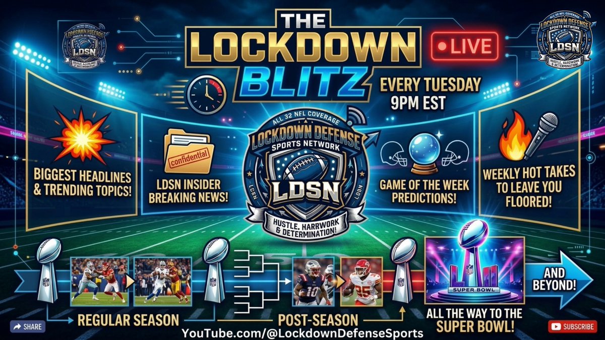 LockDownDefense's tweet photo. NFL Football is Back! WE ARE BACK!
The Lockdown Blitz is here!
Weekly Tuesday Nights 9pm EST!
Breaking down the upcoming season
Latest Headlines &amp; predictions for 2026 in the NFL!
Join us Live! 
Special Guests - AFR-Sports Podcast!
@AirRetro_DK5 @TherealGivens @RobertG2324 https://t.co/DZDWnioTEY