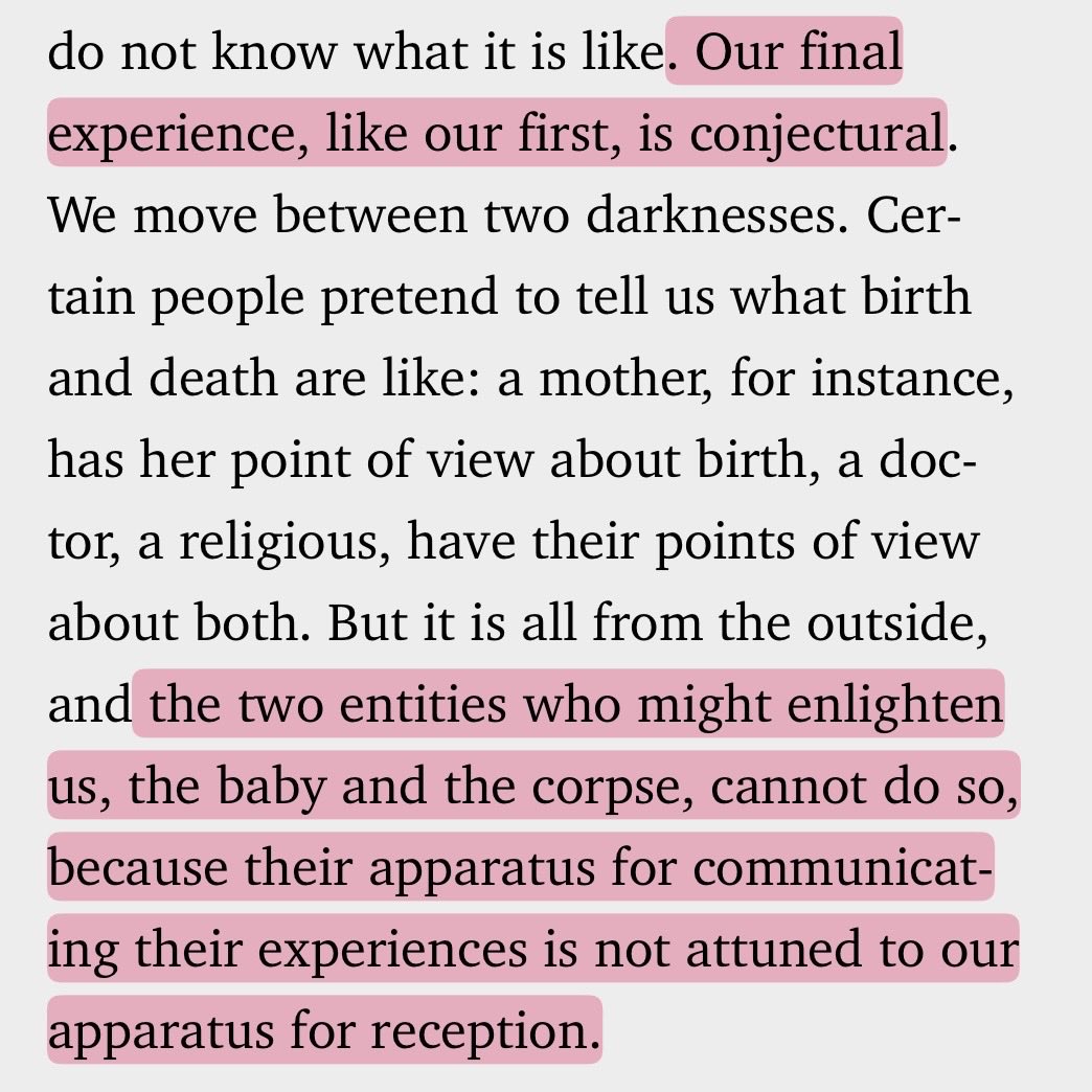 sensitive_bore's tweet photo. “madame can your baby tell us anything of pre-existence?” 

the baby &amp; the corpse can’t fill us in bc “their apparatus for communicating their experiences is not attuned to our apparatus for reception.” 

e.m. forster, aspects of the novel, 1927. https://t.co/vwwvcm4sPE