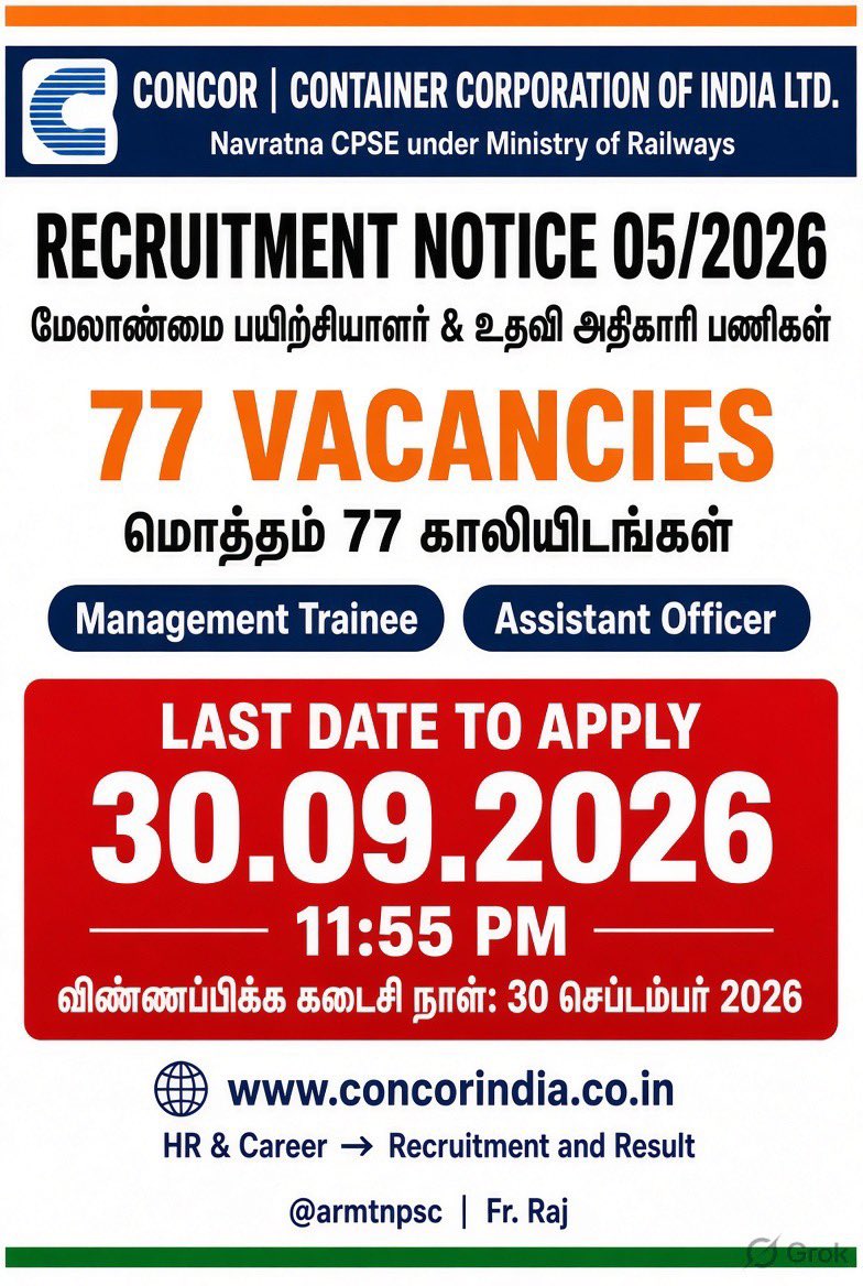 ARMTNPSC's tweet photo. JOB ALERT ‼️ 

Container Corporation of India 
Vacancies:77
Last Date: 30.09.2026 https://t.co/SZSBMoqp7q