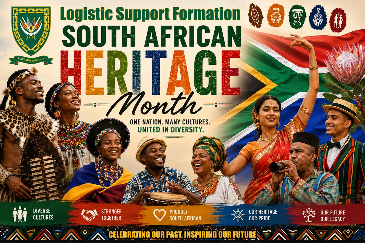 SANDF_ZA's tweet photo. "A nation without heritage is like a tree without roots. Let us celebrate our distinct cultures while standing united in our shared humanity and democratic values." || Major General Batini Martin Feni
#SANDF
#DODLogisticsDivision
#HeritageMonth2026 https://t.co/4phc1erSD9