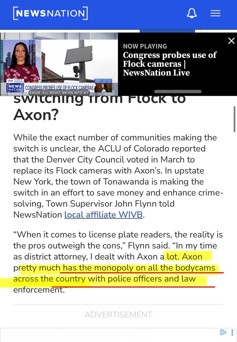 Hannibal9972485's tweet photo. AXON HAS POLICE DEPARTMENTS TRAPPED ITS USING ITS BODY CAMERA MONOPOLY TO TRAP CITIES INTO ALPR SURVEILLANCE THEY ALREADY REJECTED 👀🚨🚨

LAPD suspended Flock over ICE data sharing. But Axon, which has the SAME ICE connections and WORSE retention policies, is still operating in Los Angeles. The city that took the strongest stand against ALPR surveillance in America left the most dangerous ALPR vendor untouched.⚠️👀

Town Supervisor John Flynn answered it without realizing what he was saying: "Axon pretty much has the monopoly on all the bodycams across the country with police officers and law enforcement." 👀🚨

 Axon  has a body camera monopoly in LAPD and Nationwide . They can't suspend Axon without losing their body camera infrastructure too.

A vendor lock-in trap. Axon used its body camera monopoly to create a dependency that prevents cities from suspending their ALPR contracts even when the same data sharing concerns exist.⚠️👀

Garrett Langley specifically "accused Axon of partnering with ICE and said the company 'has a contract with most federal agencies'" - this is Axon's competitor directly accusing them of federal surveillance contracts

Essentially using a government-granted monopoly (body cameras) to force adoption of a secondary product (ALPR) that has no retention limits and feeds federal surveillance.

https://t.co/aUpBTUk3NN

https://t.co/xCWBnDL0Ro
