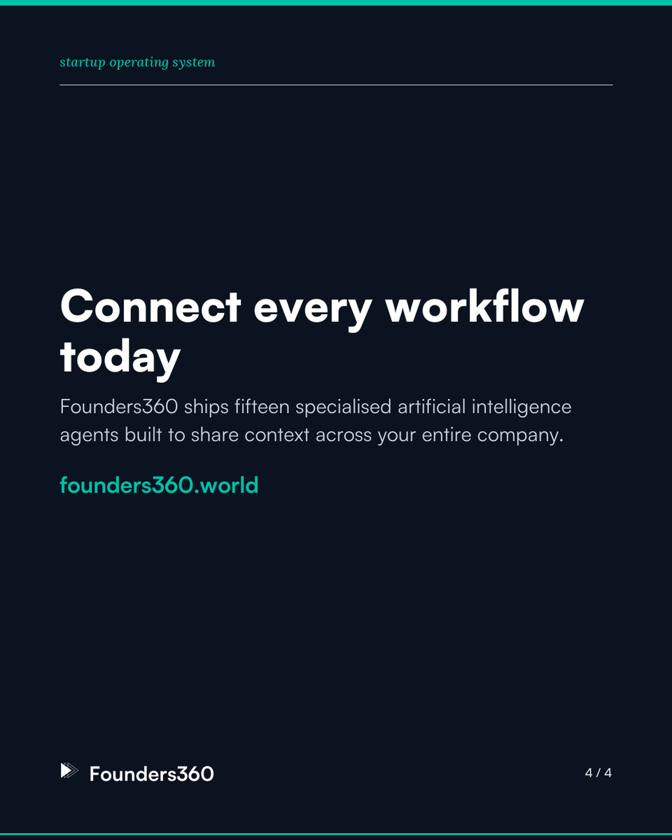 Founder360world's tweet photo. A startup operating system works better when context compounds.
Founders360 uses Shared Context to write one agent output forward into every later agent across the system.
How do you share context between your tools today?
#StartupOS #Founders https://t.co/GuieVCQBBY