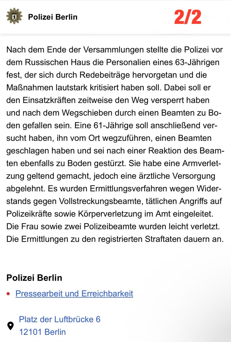 pkWebService's tweet photo. 04.09.2026 #RussischesHaus #Berlin
‼️ZEUGEN   und   VIDEOMATERIAL   gesucht‼️
- pls. scroll for text in English -

Einzelne Polizisten der Polizei Berlin sind ausweislich bereits vorliegendes Videomaterials äußerst brutal und unangemessen gegen Henry Lindemeier und seine Partnerin vorgegangen. Beide wurden dabei verletzt, die Partnerin erheblich!

Wer mit seiner Zeugenaussage und/oder Videomaterial helfen kann wird gebeten, sich zeitnah an Henry Lindemeier (@HenryLindo123) zu wenden.

Die Polizei Berlin hat am 05.09.2026 die Pressemitteilung Nr. 1131 veröffentlicht (beigefügt), geht aber direkt nur zum Schluss auf die oben beschriebenen Vorfälle ein. Was sich aber tatsächlich angespielt hat, ist 
auf dem bislang vorliegenden Videomaterial ersichtlich.

- Bitte weiterverbreiten! -

Text in English:
September 4, 2026 #RussianHouse #Berlin
‼️WITNESSES   and   VIDEO FOOTAGE   SOUGHT‼️

According to video footage already available, individual officers from the Berlin Police Department acted with extreme brutality and disproportionate force against Henry Lindemeier and his female partner. Both were injured in the incident, and his female partner sustained serious injuries!

Anyone who can help by providing a witness statement and/or video footage is asked to contact Henry Lindemeier (@HenryLindo123) as soon as possible.

On September 5, 2026, the Berlin Police Department published Press Release No. 1131 (attached in German language), but only addresses the incidents described above directly at the very end. But what actually happened is evident from the video footage available so far.

- Please share this! -