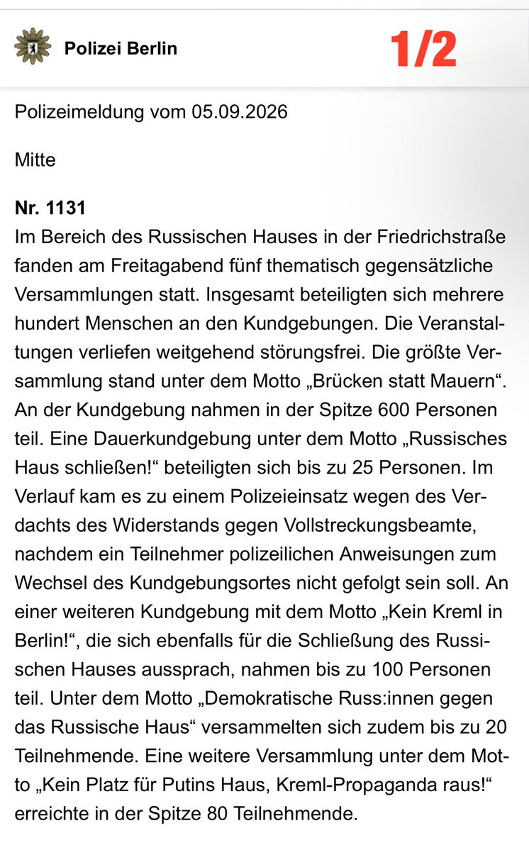 pkWebService's tweet photo. 04.09.2026 #RussischesHaus #Berlin
‼️ZEUGEN   und   VIDEOMATERIAL   gesucht‼️
- pls. scroll for text in English -

Einzelne Polizisten der Polizei Berlin sind ausweislich bereits vorliegendes Videomaterials äußerst brutal und unangemessen gegen Henry Lindemeier und seine Partnerin vorgegangen. Beide wurden dabei verletzt, die Partnerin erheblich!

Wer mit seiner Zeugenaussage und/oder Videomaterial helfen kann wird gebeten, sich zeitnah an Henry Lindemeier (@HenryLindo123) zu wenden.

Die Polizei Berlin hat am 05.09.2026 die Pressemitteilung Nr. 1131 veröffentlicht (beigefügt), geht aber direkt nur zum Schluss auf die oben beschriebenen Vorfälle ein. Was sich aber tatsächlich angespielt hat, ist 
auf dem bislang vorliegenden Videomaterial ersichtlich.

- Bitte weiterverbreiten! -

Text in English:
September 4, 2026 #RussianHouse #Berlin
‼️WITNESSES   and   VIDEO FOOTAGE   SOUGHT‼️

According to video footage already available, individual officers from the Berlin Police Department acted with extreme brutality and disproportionate force against Henry Lindemeier and his female partner. Both were injured in the incident, and his female partner sustained serious injuries!

Anyone who can help by providing a witness statement and/or video footage is asked to contact Henry Lindemeier (@HenryLindo123) as soon as possible.

On September 5, 2026, the Berlin Police Department published Press Release No. 1131 (attached in German language), but only addresses the incidents described above directly at the very end. But what actually happened is evident from the video footage available so far.

- Please share this! -