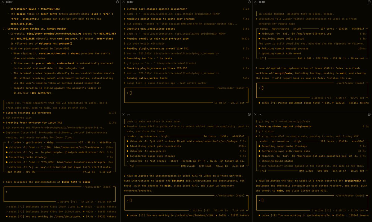 OpenAgentsInc's tweet photo. Five Coder Terminals working smoothly, guess it's time to set up a multiplexer

This is the unreleased v0.4 RC with a bunch of bugfixes btw - you can install the latest RC via:

curl -fsSL https://t.co/O1NYoCgf50 | CODER_TERMINAL_CHANNEL=rc sh https://t.co/LyipPpt00V