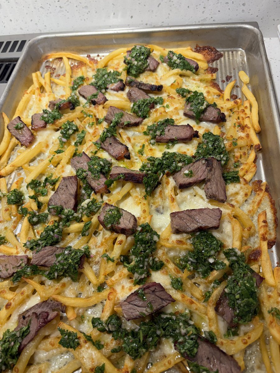 x_is_a_timesuck's tweet photo. Sometimes my dinner ideas win over the family over time, sometimes immediately. Tonight was immediate. Loaded fries with steak and chimichurri. Not fancy, just tasty. They smashed this. #teamfat https://t.co/xn4XyRoqig