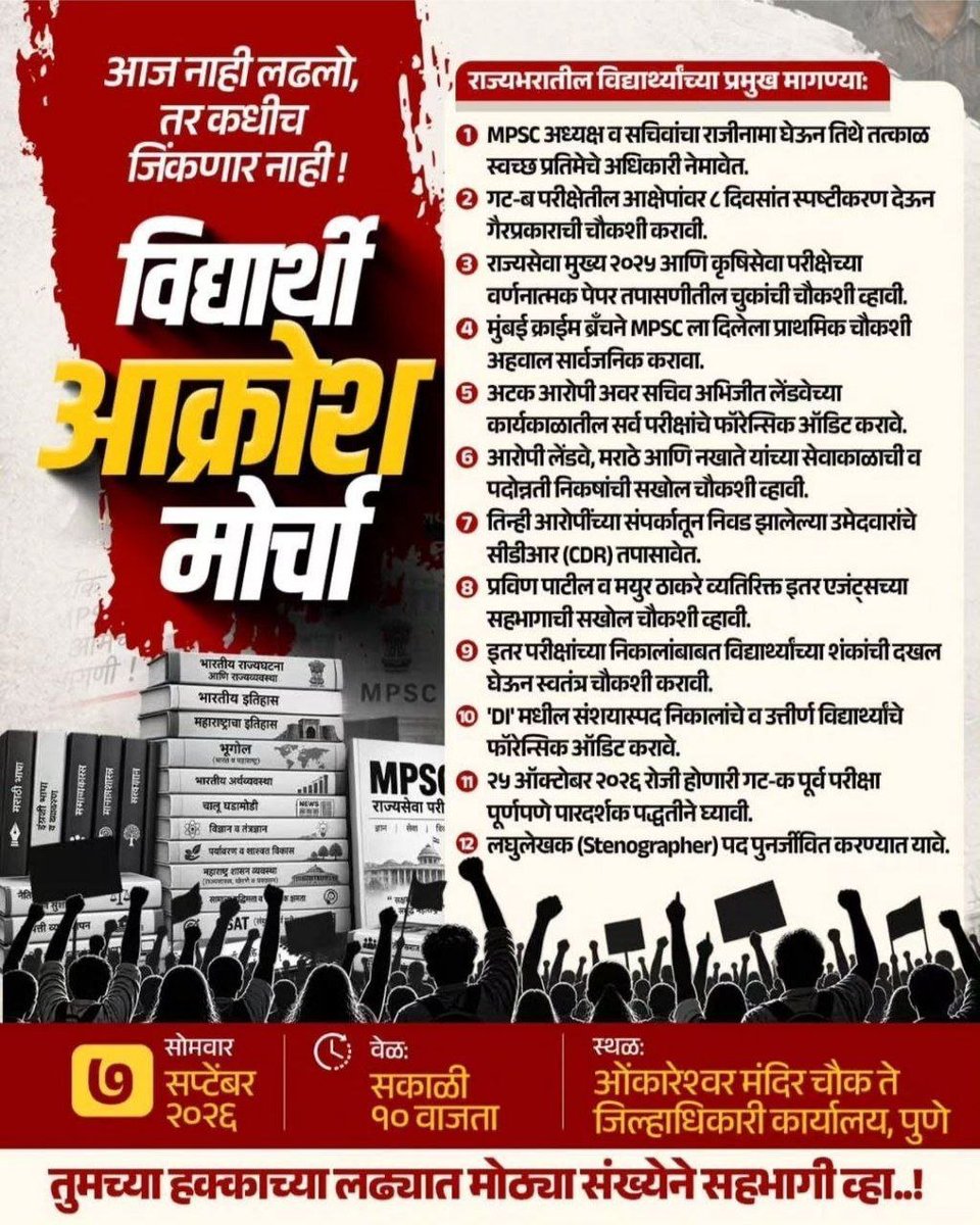 sanskrutiwrites's tweet photo. फडणवीसांच्या काळात MPSC करणाऱ्या विद्यार्थ्यांनावर सतत अन्याय सुरू आहे..... पेपर फुटत आहेत, पदोन्नतीचे नियम बदलले जात आहेत. 
(80% नायब तहसीलदार पद पदोन्नतीने भरली जाणार आहेत)

याविरोधात आज १० वाजता मोर्चाचे आयोजन करण्यात आलेले आहे.... न चुकता मोर्चात सामील व्हा. https://t.co/OU3TqHUfbu