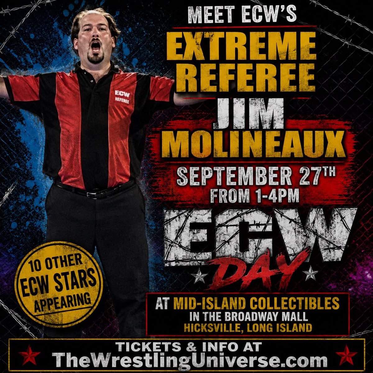 jimmolineaux's tweet photo. 3 WEEKS AWAY
#ECW DAY #2

Sunday September 27, 2026
1pm - 4pm

Mid-Island Collectables
Broadway Mall
Hicksville, NY

For tickets &amp; info, go to
https://t.co/rLZnf1D92d

Let’s Get #EXTREME!! https://t.co/7OIPojMWZ4