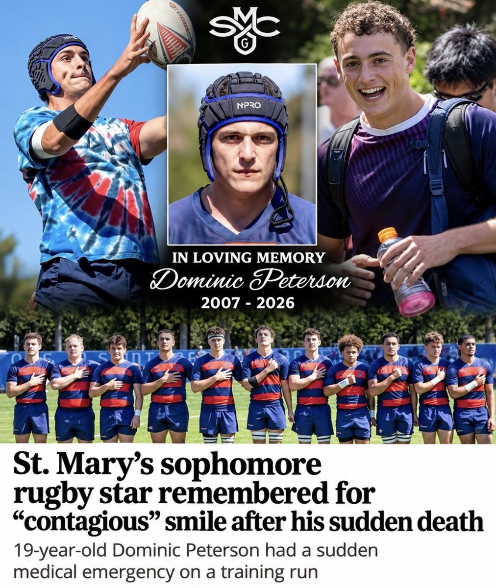 toobaffled's tweet photo. His coach said the thing a lot of people are thinking: how does a 19-year-old at the top of his fitness suddenly die?

Dominic Peterson was 19.
Sophomore rugby player at St. Mary’s. National youth sides. Co-captain. Fit enough to be on a two-mile training run with his teammates.
He collapsed on that run. A former player started CPR. He was taken to hospital. He did not come home.

Another young athlete down on a training run. Another family wrecked. Another report that will not say what people are already asking.
Rest easy, Dominic.

https://t.co/MWm04WeB9Q