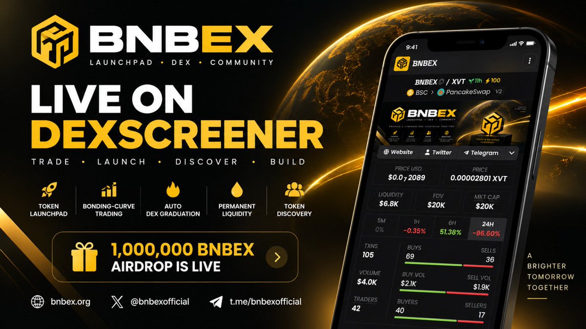 bnbexofficial's tweet photo. 🚀 $BNBEX IS LIVE ON DEXSCREENER!

BNBEX is building a complete token ecosystem on BNB Chain:

🟡 Token Launchpad
📈 Bonding-Curve Trading
🔥 Automated DEX Graduation
💧 Permanent Liquidity
🔎 Token Discovery
💱 BNBEX DEX
🎁 1,000,000 BNBEX Airdrop is also live.

Trade. Launch. Discover. Build.

🌐 https://t.co/g627Yz0AsF
💬 https://t.co/lsLXcFSV9g

CA: 0x35bee5144836A999B47EE3DB5aCf81332f5B8F0c

#BNBEX #BNBChain #DeFi #Crypto