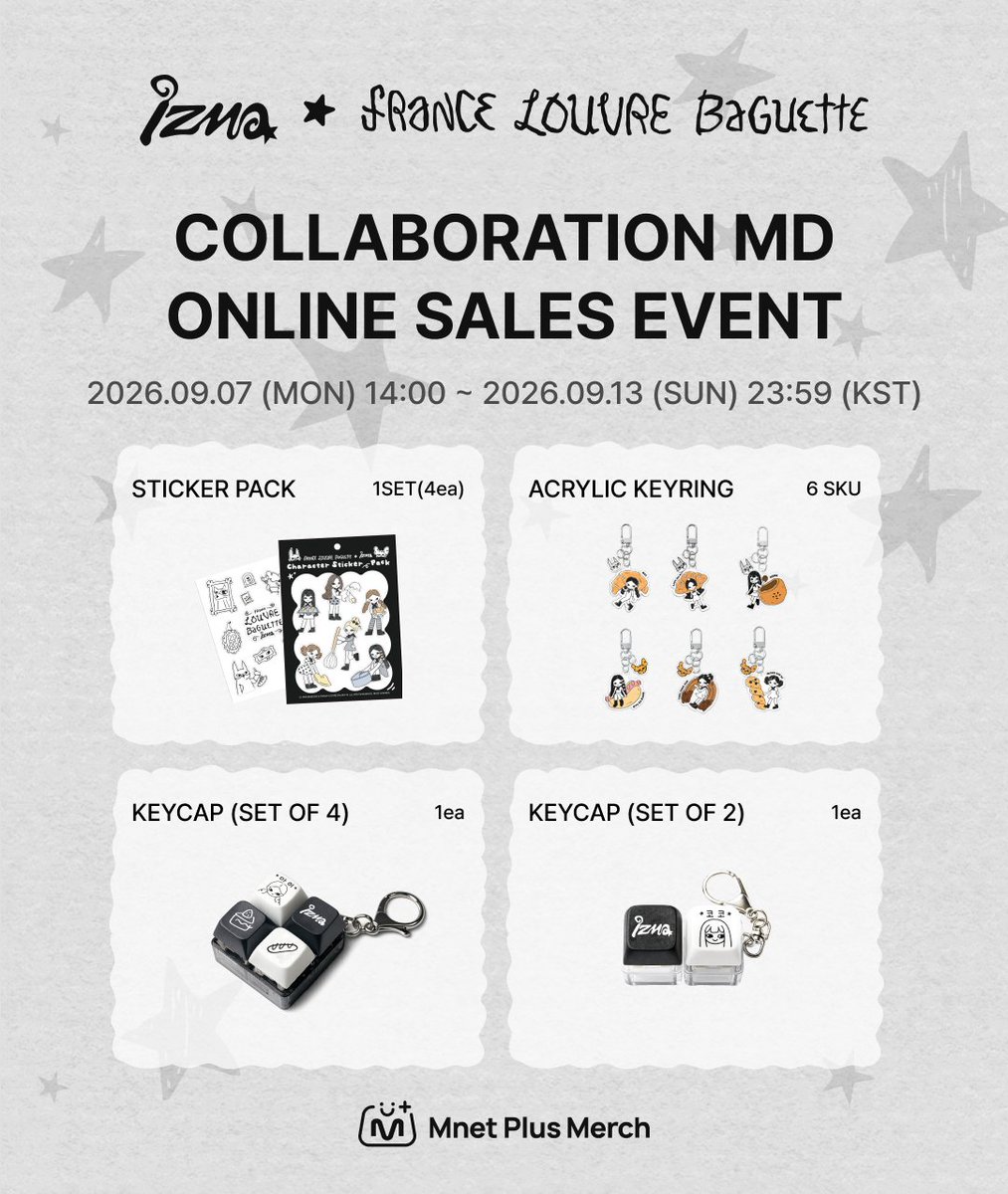 mnetplusmerch's tweet photo. [#MM] izna X FRANCE LOUVRE BAGUETTE
COLLABORATION MD SALES OPEN ✨

iznaとFRANCE LOUVRE BAGUETTEのコラボレーションMDをMnet Plus Merchでチェックしてみてください！

📅イベント期間: 2026年9月7日(月) 14:00 ～ 2026年9月13日(日) 23:59 (KST)
🎁購入特典: MDを5,600円以上ご購入につき、オンライン限定未公開フォトカード1枚をプレゼント（全6種のうちランダムで1枚）

※ 本商品は数量限定のため、早期完売となる場合がございます。

JP)🔗 https://t.co/P86M5mS30x

#MnetPlusMerch #엠넷플러스머치
#MnetPlus #엠넷플러스
#Mnet #엠넷 #KPOP #케이팝
#izna #이즈나 @izna_offcl