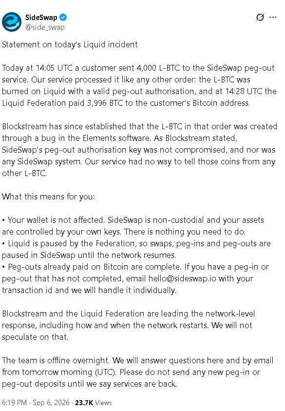 Ppxarg's tweet photo. INCIDENTE DE SEGURIDAD EN LIQUID: SE RETIRARON CASI 4.000 BTC

Liquid Network sufrió hoy un incidente de seguridad que provocó el movimiento de aproximadamente 4.000 BTC, valuados en unos $320 millones, desde la billetera de la Liquid Federation hacia la red principal de Bitcoin https://t.co/T8dGygcX3S