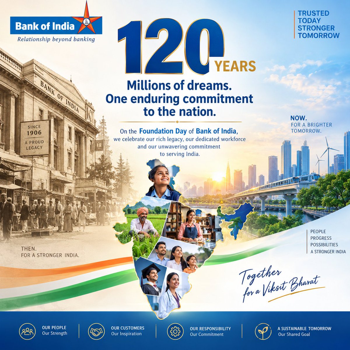 sanjeetKumaRavi's tweet photo. A century-plus of trust. A legacy of service. A future driven by purpose.

As Bank of India celebrates 120 years, we salute every employee, customer and stakeholder who has been part of this remarkable journey.@nilesh_pawar15
@ramshankarsingh
#BOI4NationSince1906
#FBOIOA https://t.co/acft9TjcUF