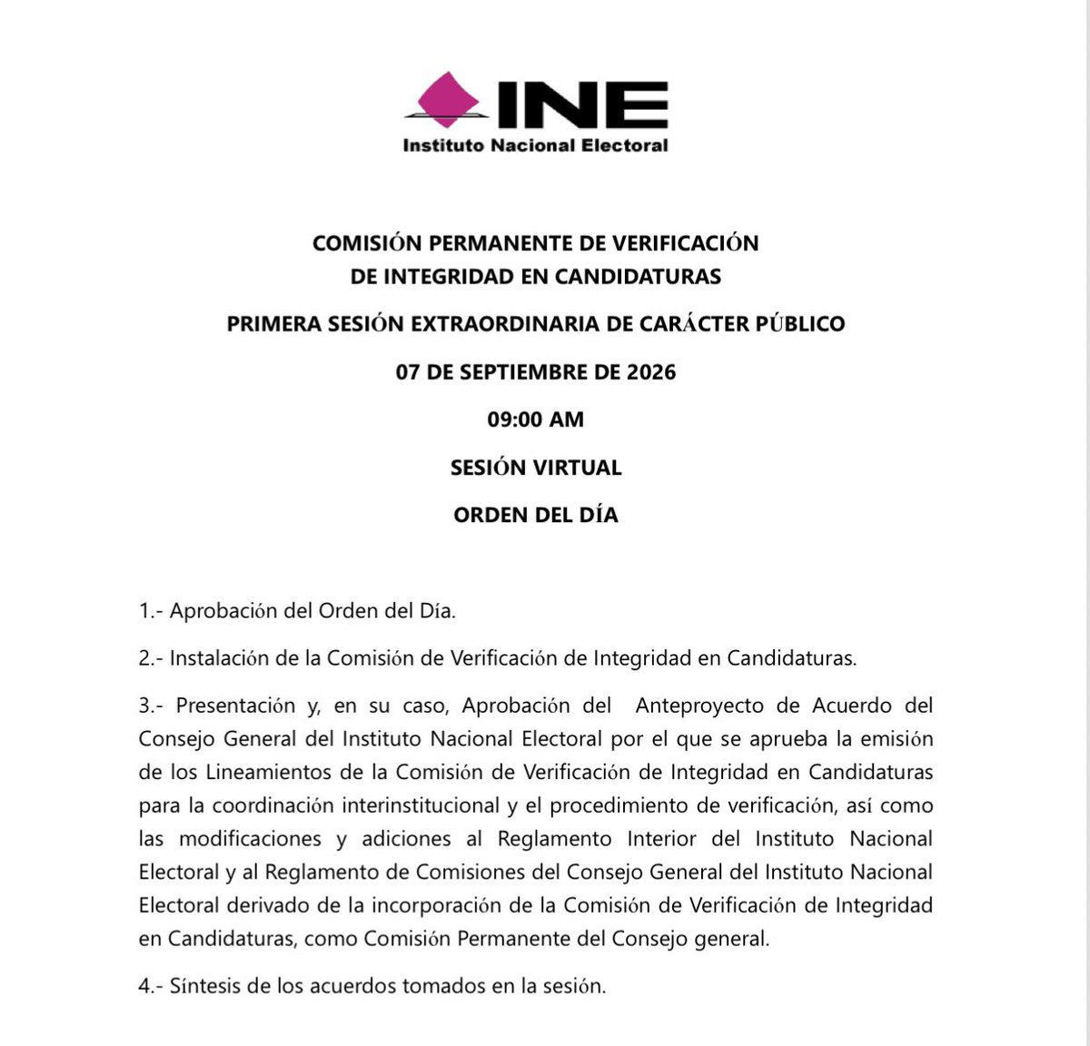 ErnestoGuerra_'s tweet photo. MAÑANA: La Comision de Verificación de Integridad en Candidaturas del INE sesiona y aprobará los Lineamientos para la coordinación interinstitucional y el procedimiento de verificación

Cabe recordar que el Consejo General del INE determinó DEJAR FUERA a los partidos políticos🧵

Si, el Consejo General hizo una interpretación sistemática, funcional y armónica de las disposiciones de la LIPE, y dijo que esta Comisión se integre exclusivamente por Consejerías Electorales, por lo que no formarán parte de ella las Consejerías del Poder Legislativo ni las personas representantes de los partidos políticos.

Esta Comisión quedó integrada por tres consejerías muy afines y cercanas a la presidenta del INE: Arturo Chávez de reciente llegada a la herradura y al INE; Norma Irene de la Cruz y UccKib Espadas

¿Se acuerdan para qué fue creada esta Comisión?

La respuesta es fácil y sí, no es difícil imaginársela.